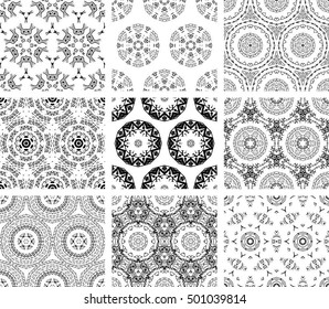 Set Of 9 Monochrome Geometrical Patterns. Black And White Texture In Arabic, Oriental Style. Seamless Vector Backgrounds.