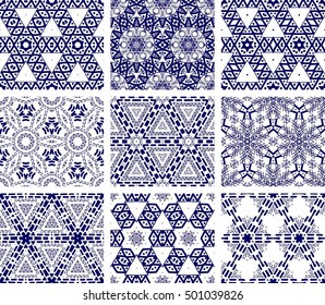 Set Of 9 Monochrome Geometrical Patterns. Blue And White Texture In Arabic, Oriental Style. Seamless Vector Backgrounds.