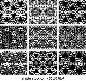 Set Of 9 Monochrome Geometrical Patterns. Black And White Texture In Arabic, Oriental Style. Seamless Vector Backgrounds.