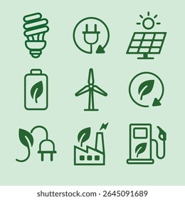 Conjunto de 9 ícones verdes monocromáticos: CFL, plugue, painel solar, bateria, turbina eólica, broto, plugue folhoso, fábrica e bomba de gás folhosa. Símbolos de energia verde. Imagem vetorial EPS10 