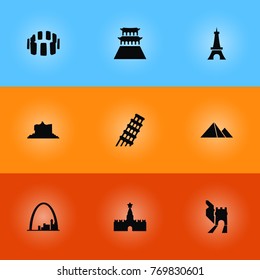 Set Of 9 Monument Icons Set.Collection Of Pisa, Great Pyramid, Drought And Other Elements.