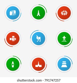 Set Of 9 Monument Icons Set.Collection Of London, Seattle, Prehistoric Britain And Other Elements.