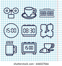 Set of 9 morning outline icons such as coffee and croissant, coffee cup, mug, digital clock