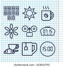 Set of 9 morning outline icons such as sun, coffee, tea cup, coffee and croissant, digital clock
