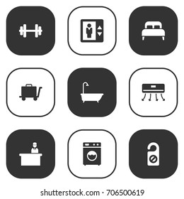 Set Of 9 Motel Icons Set.Collection Of Bathtub, Rest Time, Washer Machine And Other Elements.
