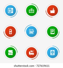 Set Of 9 Motel Icons Set.Collection Of Lift, Strongbox, Chiller And Other Elements.
