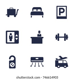 Set Of 9 Motel Icons Set.Collection Of Carriage, Transportation, Lift And Other Elements.