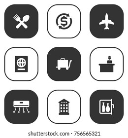 Set Of 9 Motel Icons Set.Collection Of Airplane, Cafe, Carriage And Other Elements.