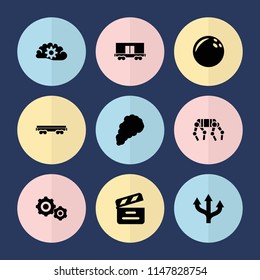 Set of 9 motion filled icons such as bowling ball, cargo wagon, movie clapper, smoke, gear    sign symb, arrow, gear