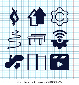 Set of 9 motion filled and outline icons such as escalator up, movie clapper, smoke, arrow up, gear connection, gear, curved arrow