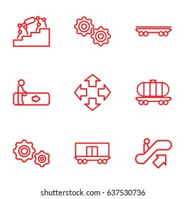 set of 9 motion outline icons such as escalator, escalator up, cargo wagon, gear, gear    sign symb, move