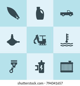 Set of 9 motor filled icons such as pickup, car oil, spark coil, spherical bearing, piston, car radiator, car temperature, excavator