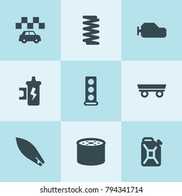 Set of 9 motor filled icons such as trailer, oil filter, engine head, spring, spark coil, gearbox, oil can, taxi