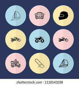 Set of 9 motor filled and outline icons such as motorcycle, helmet, car, delivery bike, sailboat