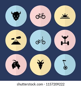 Set of 9 mountain filled icons such as goat, mountain, sun rise, bicycle
