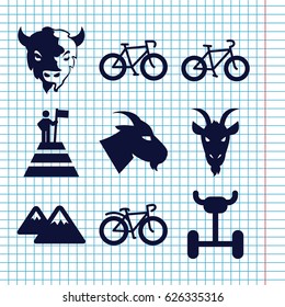 Set of 9 mountain filled icons such as goat, bicycle, mountain, man at the top of the mountain with flag