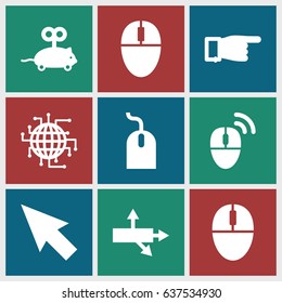 set of 9 mouse filled icons such as pointing, cpu planet, arrow