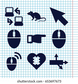 Set of 9 mouse filled icons such as mouse, pointing, laptop connection, computer mouse, cpu in heart, arrow