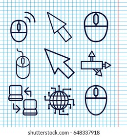 Set of 9 mouse outline icons such as mouse, laptop connection, computer mouse, pointer, arrow