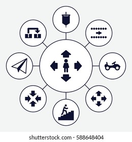 Set of 9 move filled icons such as bike, paper airplane, man move, man climbing stairs, sail