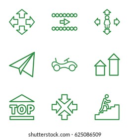 set of 9 move outline icons such as arrow up, bike, paper airplane, top of cargo box, man climbing stairs