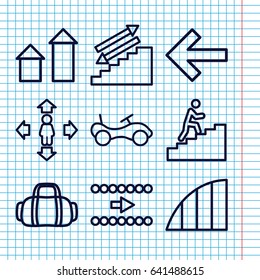 Set of 9 move outline icons such as arrow up, bike, man move, angle, man climbing stairs, sport bag, arrow, back