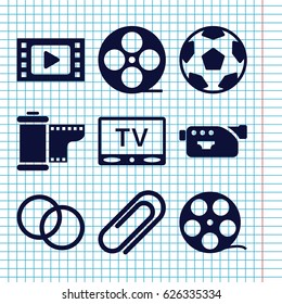 Set of 9 movie filled icons such as movie tape, camera, clip, camera tape, camera lense