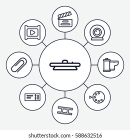Set of 9 movie outline icons such as ticket, movie clapper, clip, play, camera lense