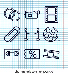 Set of 9 movie outline icons such as movie tape, camera, clip, camera tape, camera lense, red carpet, ticket on sale