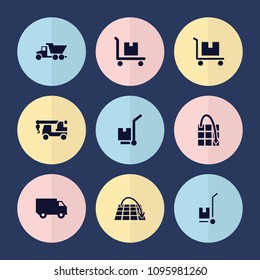 Set of 9 moving filled icons such as truck with hook, cargo on cart, move on map