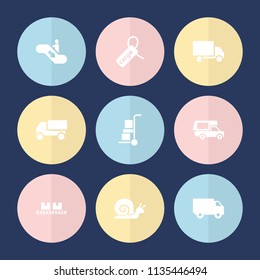 Set of 9 moving filled icons such as truck, cargo tag, escalator down, snail, cart cargo, van