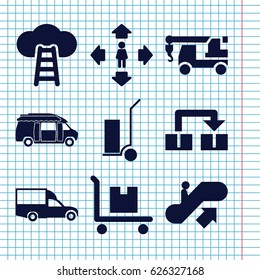 Set of 9 moving filled icons such as escalator up, man move, truck with hook, cart cargo, van, cargo on cart, object move