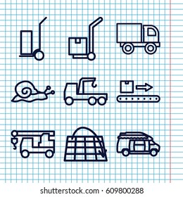 Set of 9 moving outline icons such as snail, truck with hook, cart cargo, van, cargo on cart, luggage scan, truck