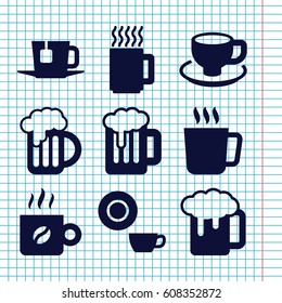 Set of 9 mug filled icons such as mug, dish, beer mug, coffee cup, tea, coffee