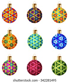 Set of 9 multicolored isolated Christmas balls with abstract modern decorative ornament