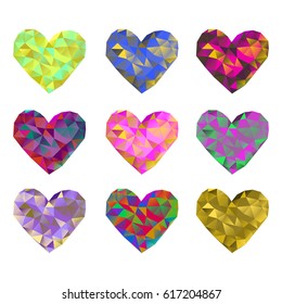 A set of 9 multi-colored polygonal hearts. Vector illustration on isolated background.