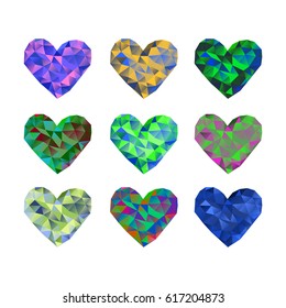 A set of 9 multi-colored polygonal hearts. Vector illustration on isolated background.