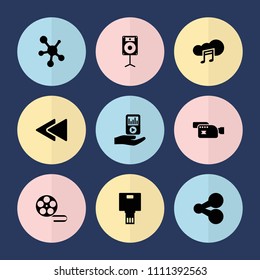 Set of 9 multimedia filled icons such as share, play back, mp3 player on hand, music cloud, loudspeaker, camera