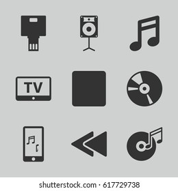 set of 9 multimedia filled icons such as TV, CD, stop, play back, mobile phone music, loudspeaker, disc and music note, camera