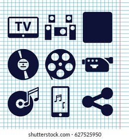 Set of 9 multimedia filled icons such as TV, camera, CD, stop, mobile phone music, disc and music note, audio system, share