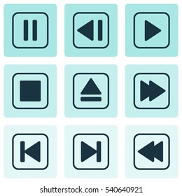 Set Of 9 Multimedia Icons. Includes Skip Song, Run Song Back, Mute Song And Other Symbols. Beautiful Design Elements.