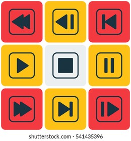 Set Of 9 Multimedia Icons. Includes Skip Song, Following Music, Last Song And Other Symbols. Beautiful Design Elements.