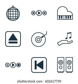 Set Of 9 Multimedia Icons. Includes Extract Device, Dance Club, Gramophone And Other Symbols. Beautiful Design Elements.