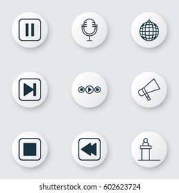Set Of 9 Multimedia Icons. Includes Mike, Dance Club, Skip Song And Other Symbols. Beautiful Design Elements.