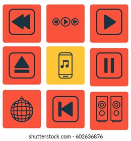 Set Of 9 Multimedia Icons. Includes Sound Box, Dance Club, Music Control And Other Symbols. Beautiful Design Elements.