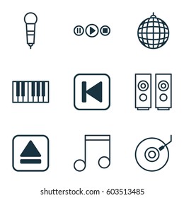 Set Of 9 Multimedia Icons. Includes Extract Device, Song UI, Sound Box And Other Symbols. Beautiful Design Elements.