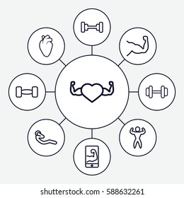 Set of 9 muscle outline icons such as barbell, muscle, heart with muscles, heart organ, abdoninal workout, bodybuilder