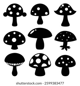 Set of 9 Mushroom icons of silhouette black shape vector illustration isolated on white background