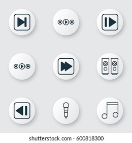 Set Of 9 Music Icons. Includes Audio Buttons, Skip Song, Microphone And Other Symbols. Beautiful Design Elements.