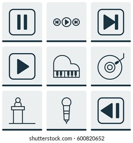 Set Of 9 Music Icons. Includes Octave, Skip Song, Gramophone And Other Symbols. Beautiful Design Elements.